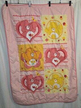 Vintage Care Bears Pink and Yellow Patchwork Throw Blanket Comforter.